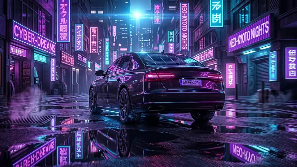 A dark sedan on a rain-wet neon street at night