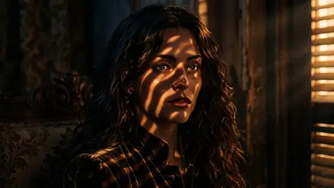 Close portrait of a woman in striped window light