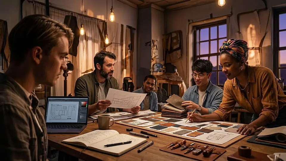 People working in a warm, lamp-lit workshop