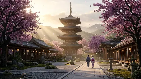 A temple framed by pink blossom trees